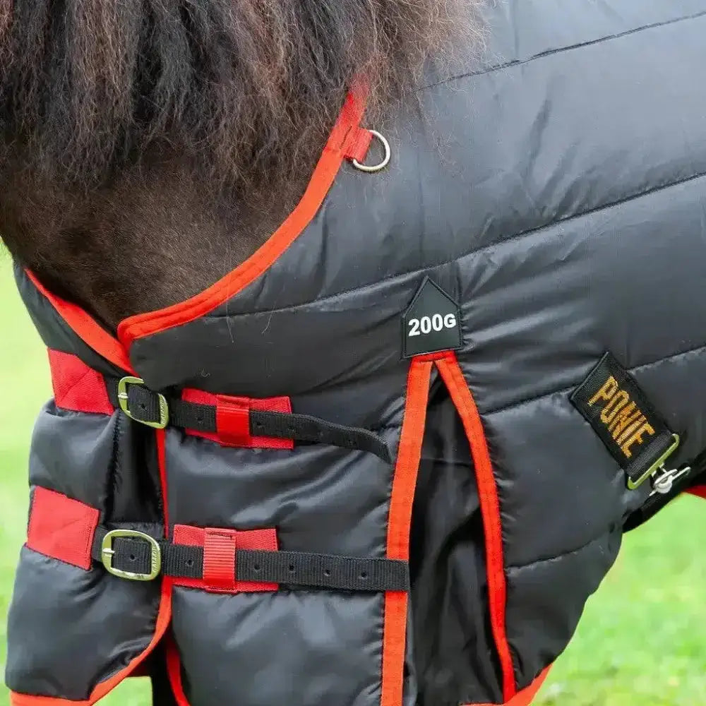 Black and orange quilted gallop ponie 200g stable rug medium weight with red straps gold buckles and ponie label