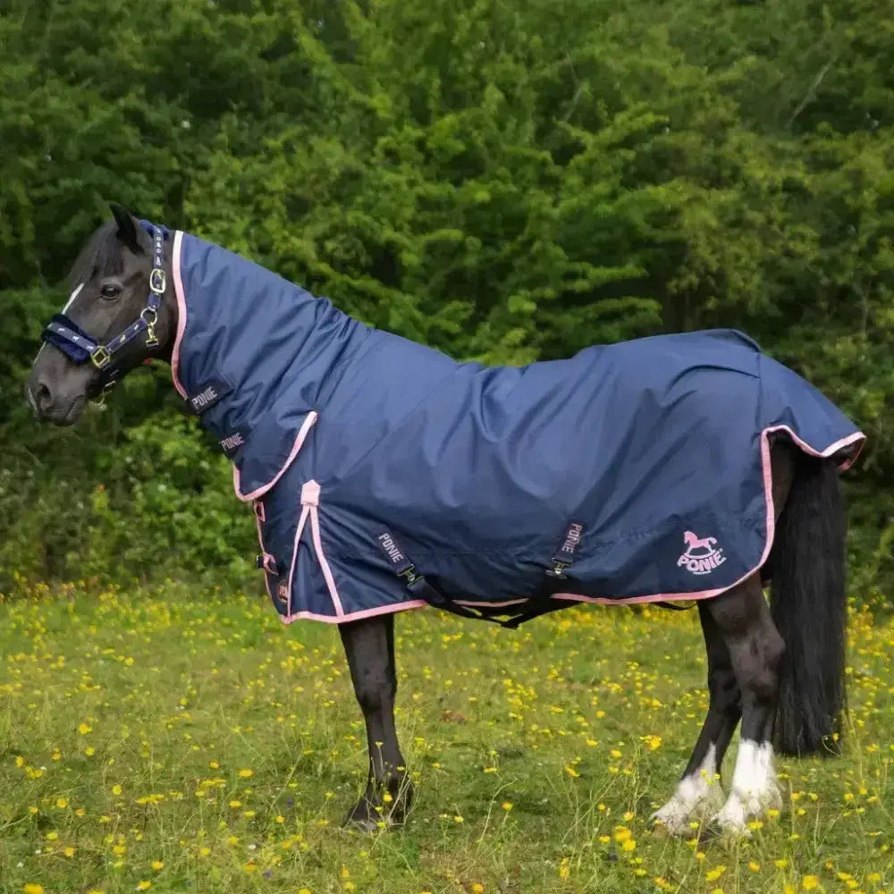 Navy blue gallop ponie 50g combo turnout horse rug with pink trim and small logo perfect as a medium weight combo