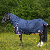 Navy blue gallop ponie 50g combo turnout horse rug with pink trim and small logo perfect as a medium weight combo