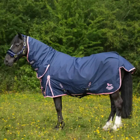 Navy blue gallop ponie 50g combo turnout horse rug with pink trim and small logo perfect as a medium weight combo