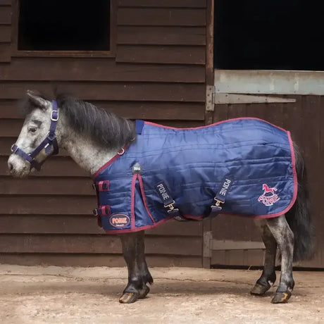Blue quilted gallop ponie stable rug with red trim and neck cover for extra warmth and comfort