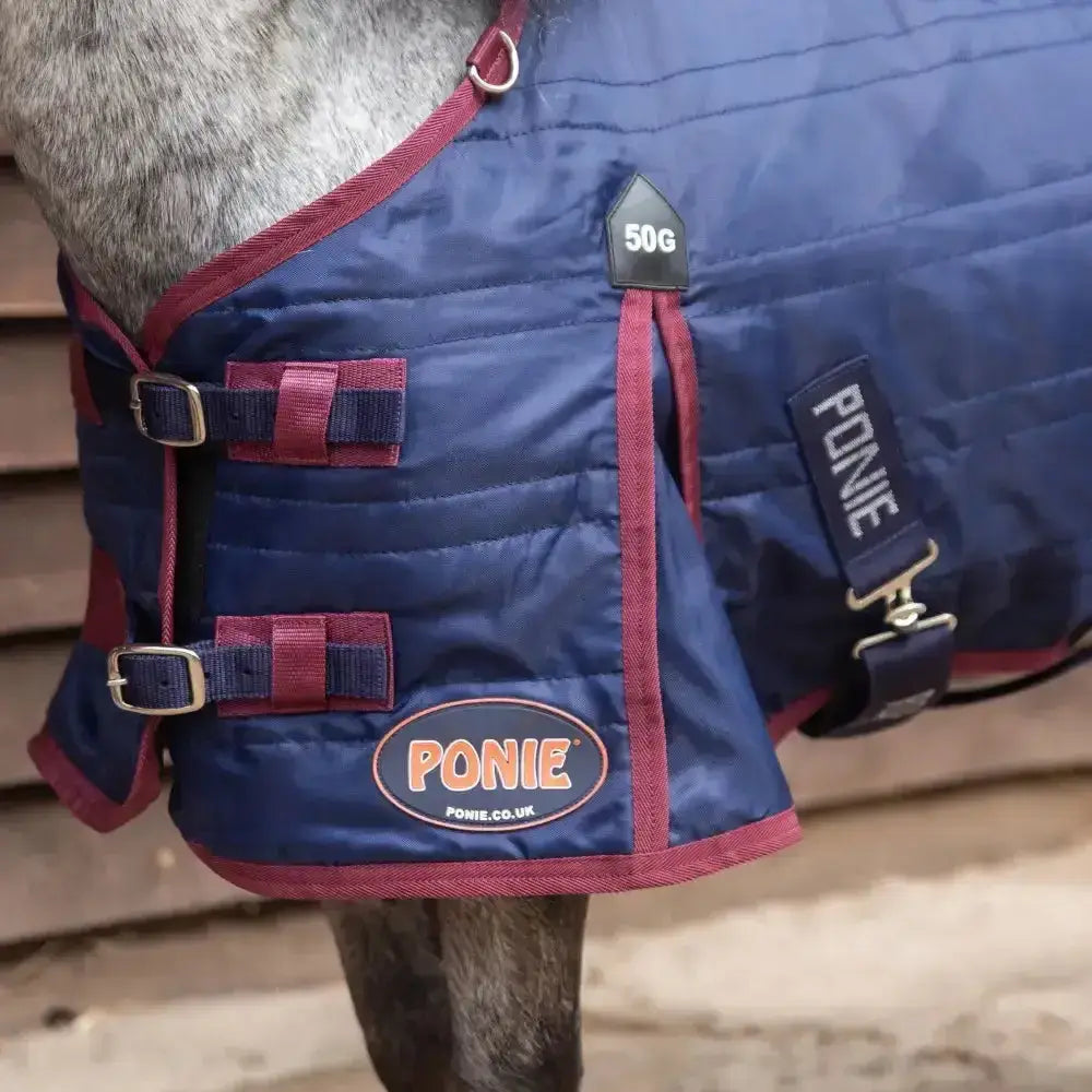 Navy blue quilted gallop ponie stable rug with maroon trim silver buckles and neck cover patch