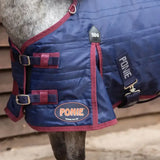 Navy blue quilted gallop ponie stable rug with maroon trim silver buckles and neck cover patch