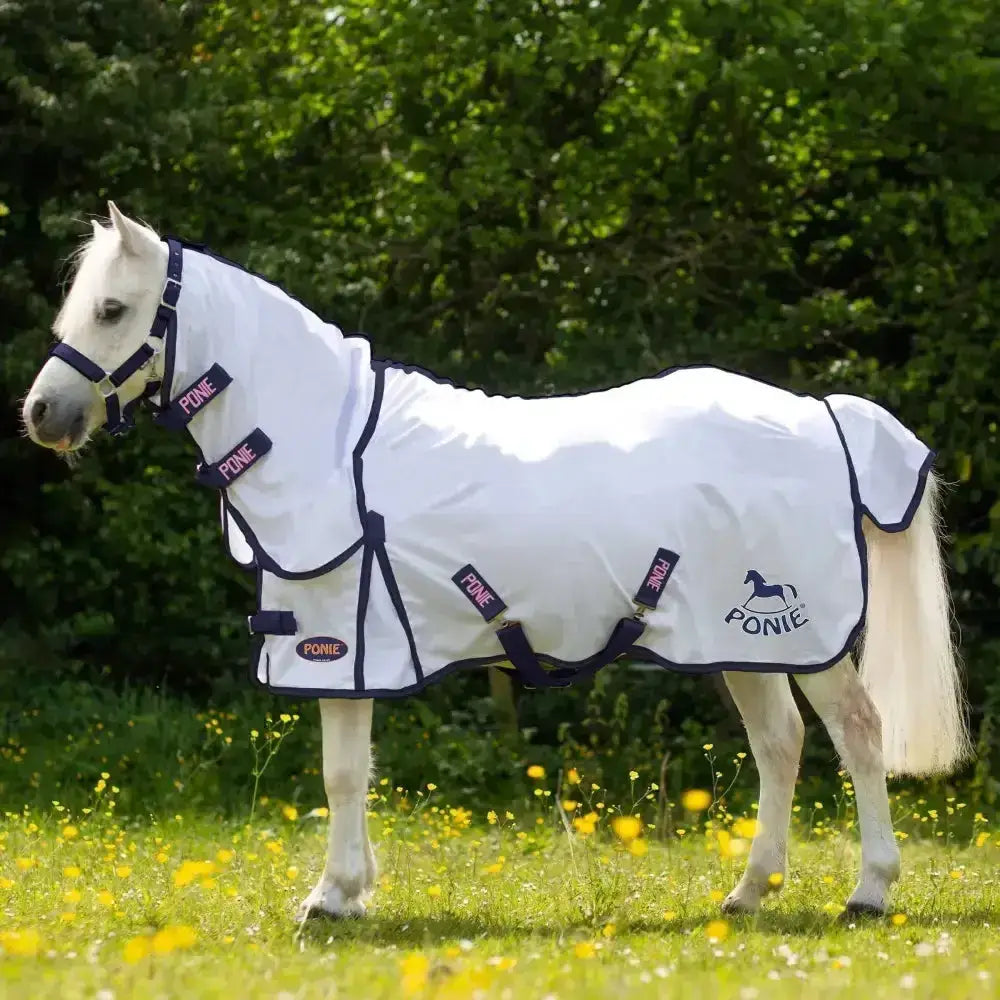 White ponie horse combo fly rug with navy blue trim and gallop ponie essential branding
