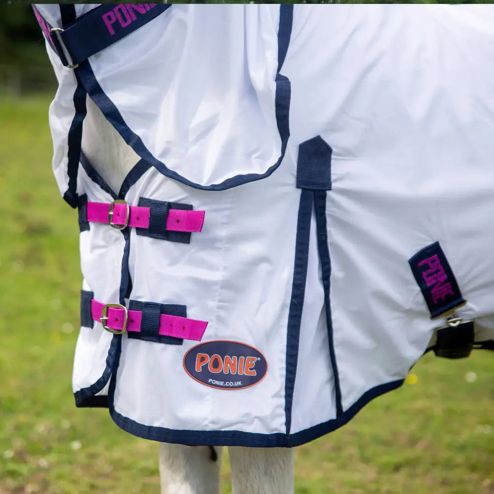 White ponie combo fly rug with navy trim and pink buckles perfect for gallop ponie essential use