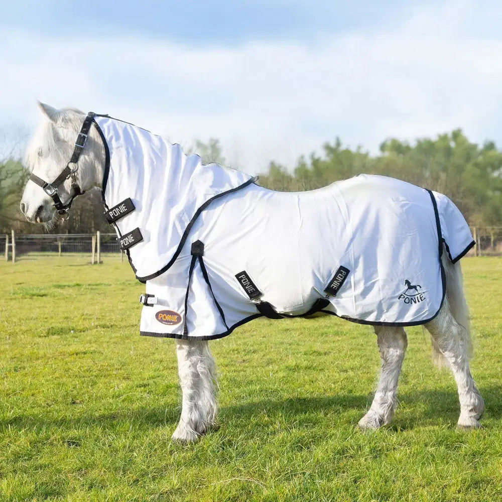 White ponie horse blanket with black trim and adjustable straps featuring nylon lining in gallop ponie dual fly rug neck cover