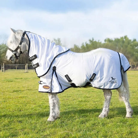 White ponie horse blanket with black trim and adjustable straps featuring nylon lining in gallop ponie dual fly rug neck cover