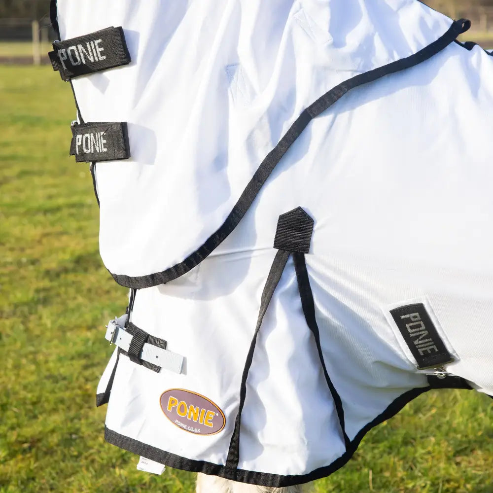 White ponie horse fly rug neck with black trim and adjustable straps featuring nylon lining from gallop ponie dual