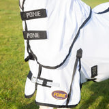 White ponie horse fly mask with black trim and adjustable straps featuring nylon lining from gallop ponie dual fly rug neck cover