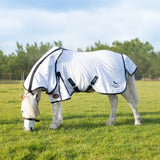 White horse blanket with black trim and adjustable straps from gallop ponie dual fly rug neck cover with nylon lining