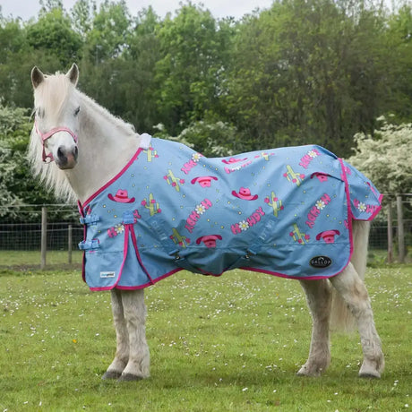 Light blue gallop ponie duraproof turnout rug with pink howdy partner cowboy hat and cactus patterns and straps