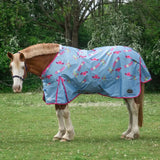 Light blue gallop ponie duraproof 0g howdy partner turnout rug with pink trim and colorful hat flower pattern