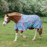 Light blue gallop ponie duraproof turnout rug with pink trim and playful howdy partner pattern for horses