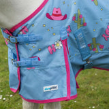 Light blue and pink patterned gallop ponie duraproof turnout rug with howdy partner cartoon cowboy hats and cactuses