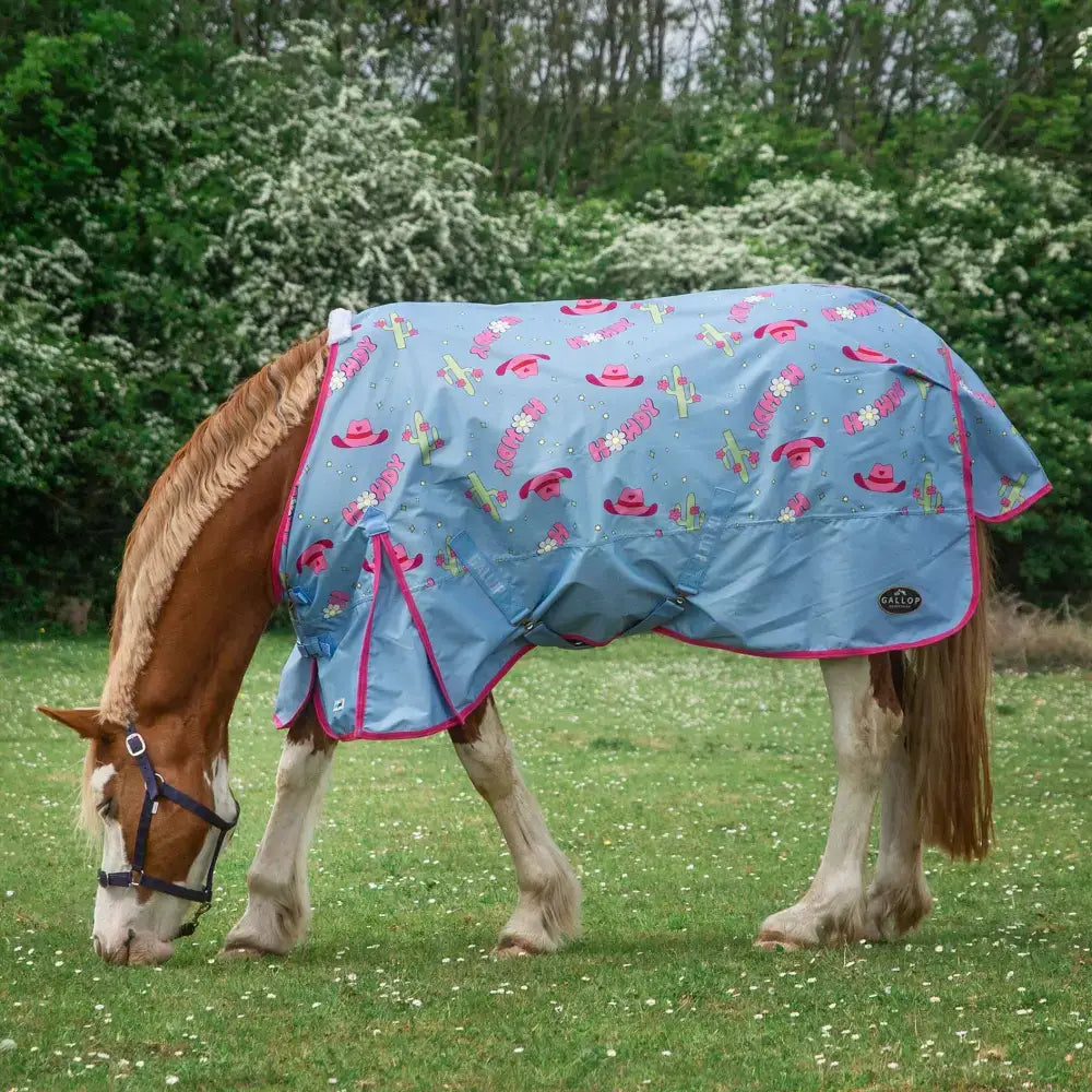 Light blue gallop ponie duraproof howdy partner turnout rug with pink cowboy hat cactus print and magenta trim