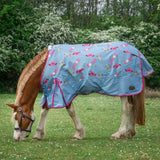 Light blue gallop ponie duraproof howdy partner turnout rug with pink cowboy hat cactus print and magenta trim