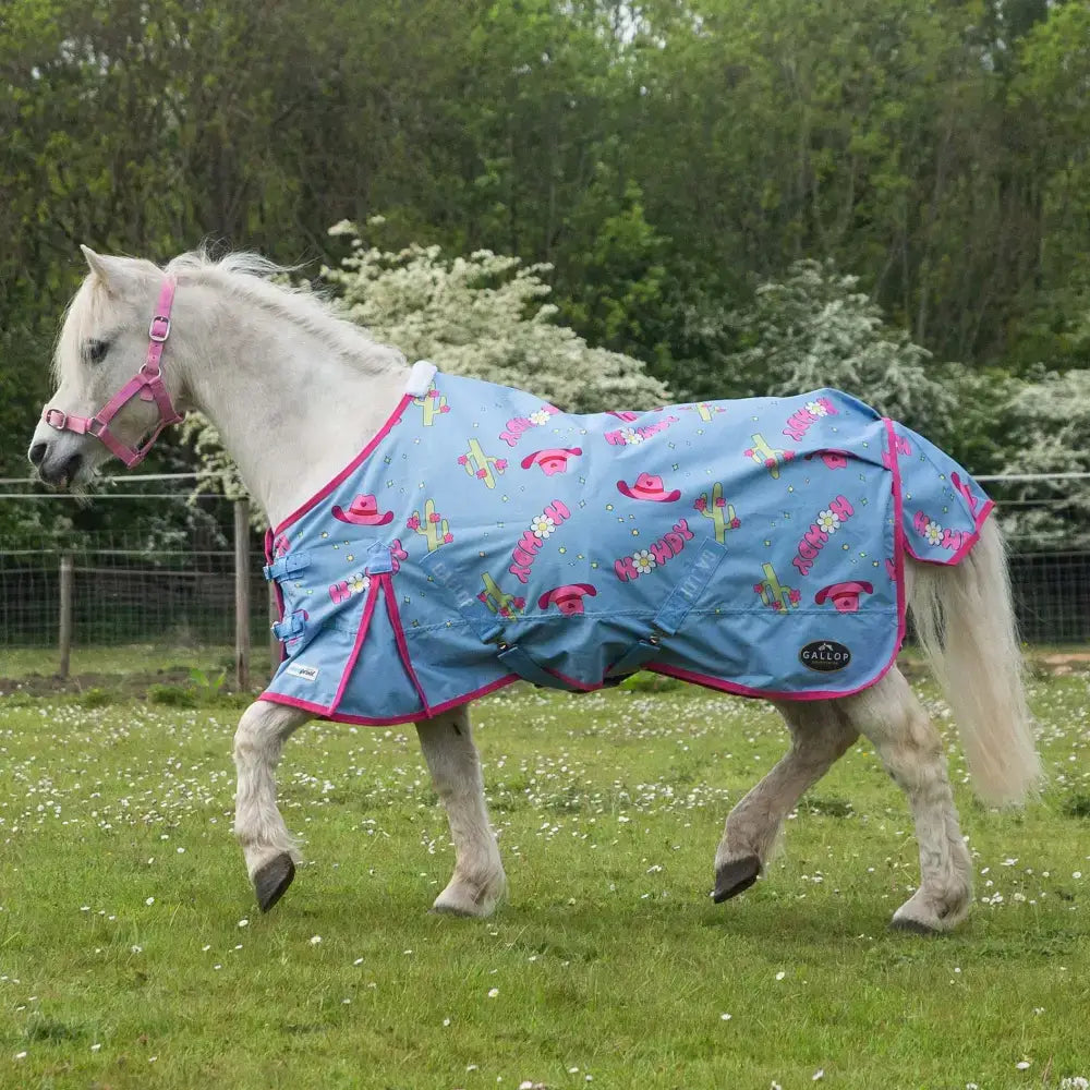 Light blue gallop ponie duraproof turnout rug with pink trim and playful hats airplanes and flowers pattern