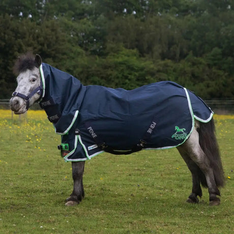 Navy blue gallop ponie duraproof lightweight turnout combo with light green trim and fixed neck for ponies