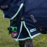 Navy blue gallop ponie duraproof turnout rug combo featuring bright green white trim durable fabric fixed neck design