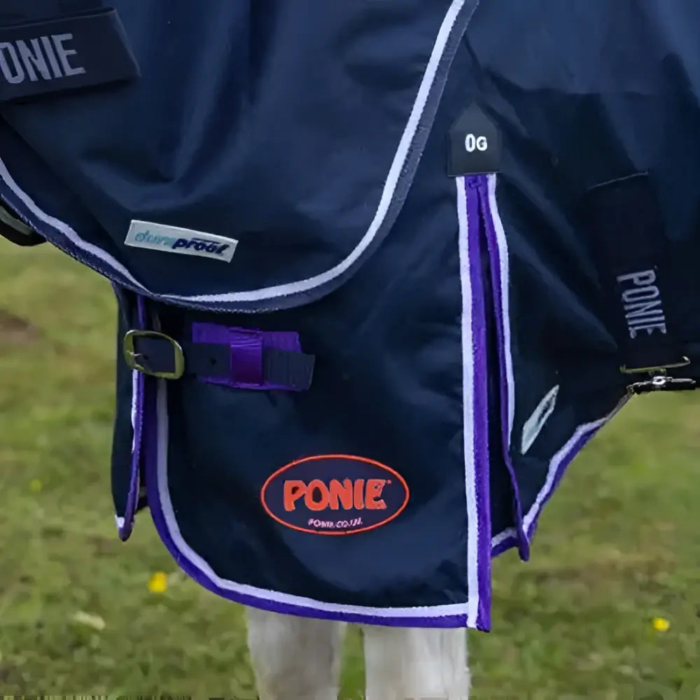 Dark navy gallop ponie duraproof turnout rug standard neck 5-point with purple trim white piping and red ponie logo