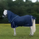 Navy blue gallop ponie duraproof turnout rug standard neck 5-point with white face panel and reflective trim for warmth