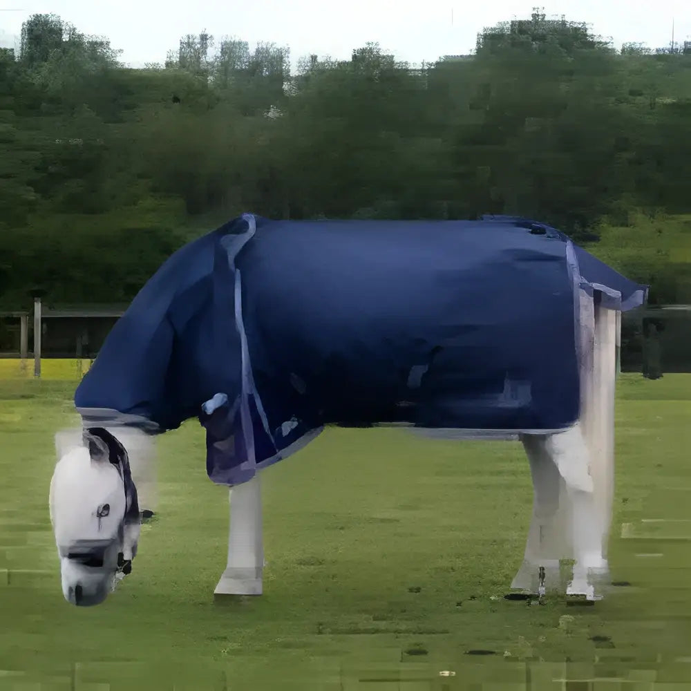 A navy blue gallop ponie duraproof turnout rug standard neck 5-point with white and purple patterned trim covering a horse