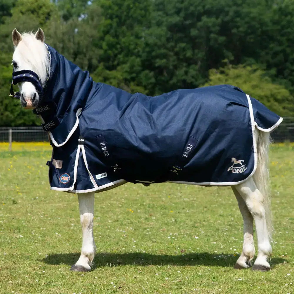 Navy blue gallop ponie duraproof 100g combo turnout rug with white trim and brand logos perfect for ponies