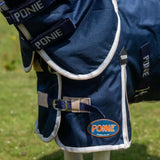 Dark blue gallop ponie duraproof combo turnout rug with white trim and adjustable straps for ponies
