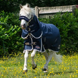 Navy blue gallop ponie duraproof 100g combo turnout rug with white trim front buckle and protective head flap