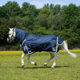 Navy blue gallop ponie duraproof combo turnout rug with white trim and logo designed for 100g warmth and durability