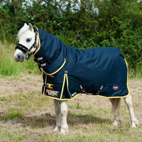 Navy blue gallop ponie duraproof 200g turnout rug combo with yellow trim and black buckles for ponies