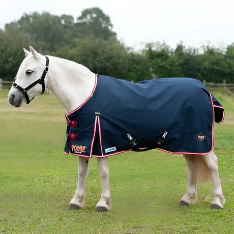 Navy blue gallop trojan pony turnout rug medium with pink trim black buckles and standard neck design