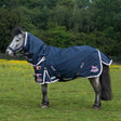 Navy blue ponie duraproof 50g turnout combo rug with white trim and pink gallop ponie logo designed for ponies