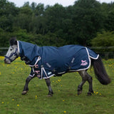 Navy blue gallop ponie duraproof 50g turnout combo with white trim pink logo and adjustable straps for secure fit