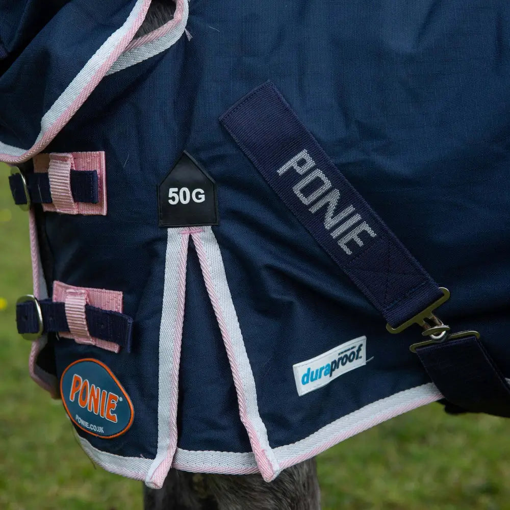 Navy blue turnout combo horse blanket with pink white trim durable gallop ponie duraproof 50g fabric design