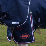 Navy blue gallop ponie duraproof 50g turnout rug with white and maroon trim and standard neck design