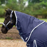 Navy blue gallop ponie duraproof neck cover 150g with white trim and adjustable 5-point straps for horses