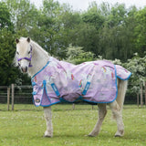 Lavender gallop ponie duraproof og lightweight turnout pegacorn horse rug with blue trim and flying unicorn design