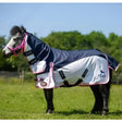 Navy and white lightweight ponie turnout fly rug with pink trim and black straps from gallop ponie hybrid combo line