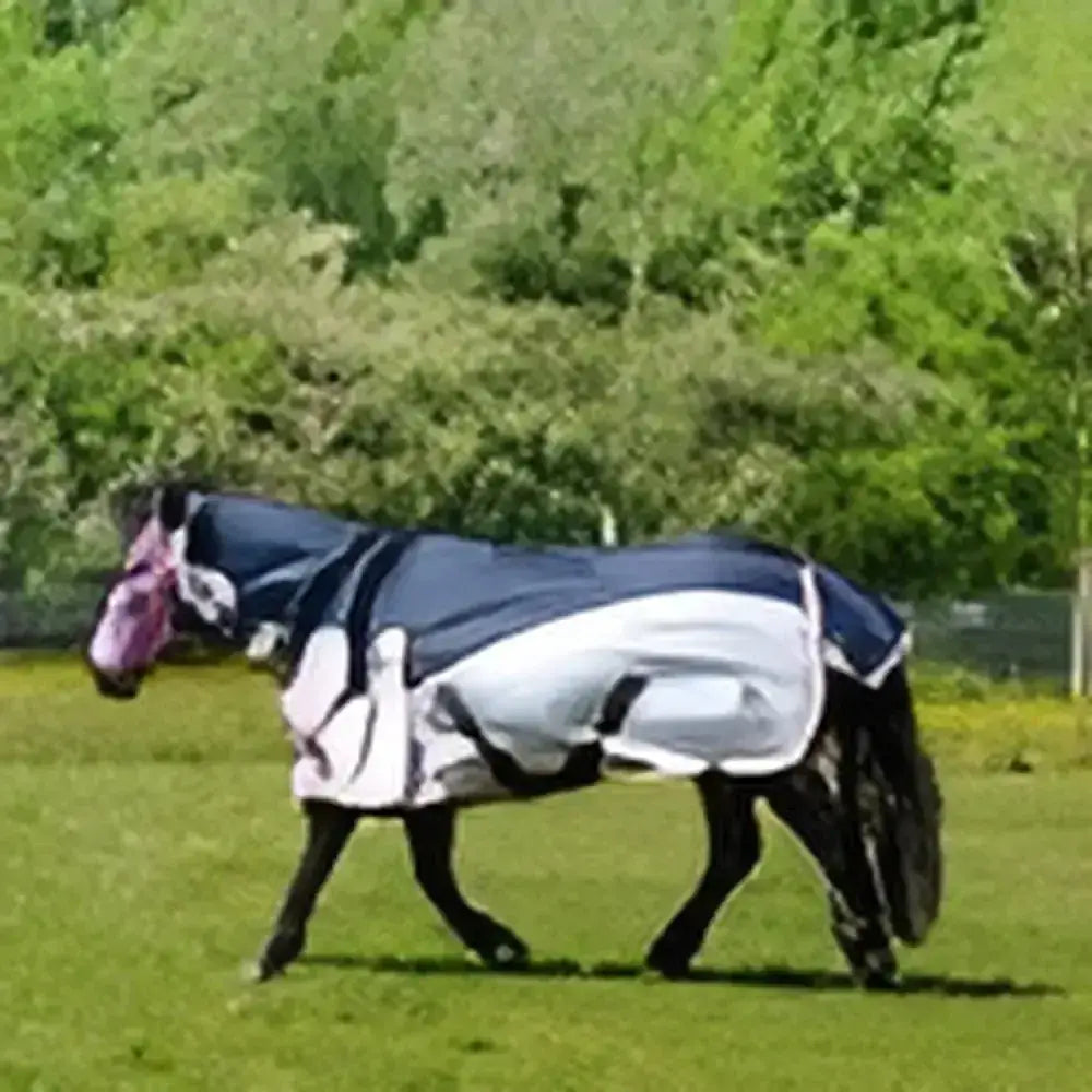 Black and white lightweight gallop ponie turnout fly rug with pink nose guard for equine protection