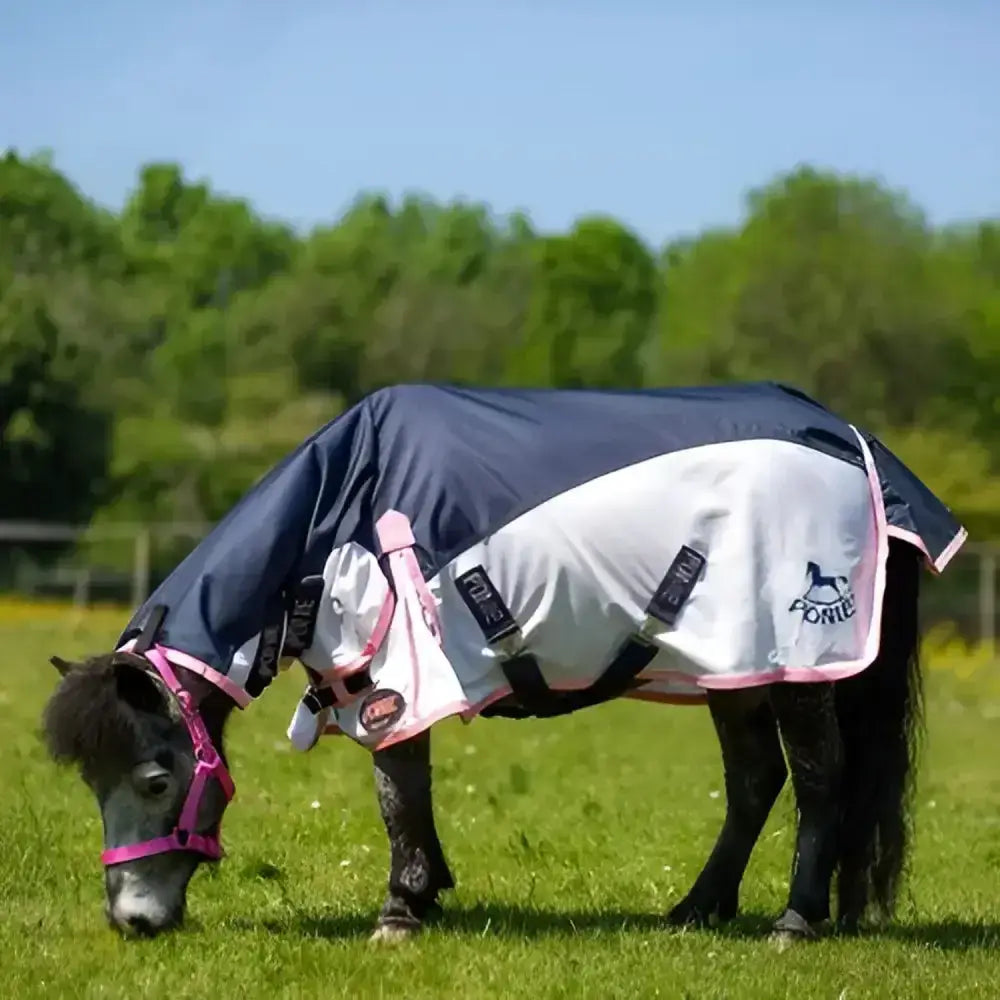 Navy and white gallop ponie hyrid combo lightweight turnout fly rug with pink trim and forie brand logo