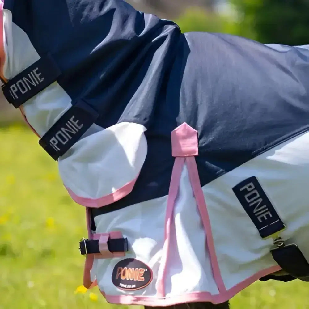 Navy and white lightweight gallop ponie turnout fly rug with pink trim and black adjustable straps for all weather use
