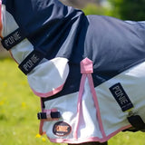 Navy and white lightweight gallop ponie turnout fly rug with pink trim and black adjustable straps for all weather use