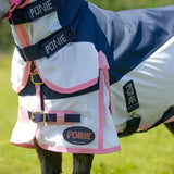 Pink and white ponie turnout fly rug with navy accents adjustable straps and front pocket lightweight fly combo