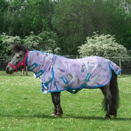 Purple unicorn patterned gallop ponie pegacorn combo pony fly rug with blue trim and adjustable straps
