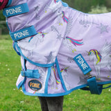 Purple and blue unicorn-themed gallop ponie pegacorn combo pony fly rug with star patterns and ponie logo