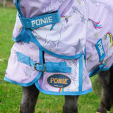Purple and blue unicorn-themed horse rug with star patterns featuring ponie logo in gallop ponie pegacorn combo fly rug