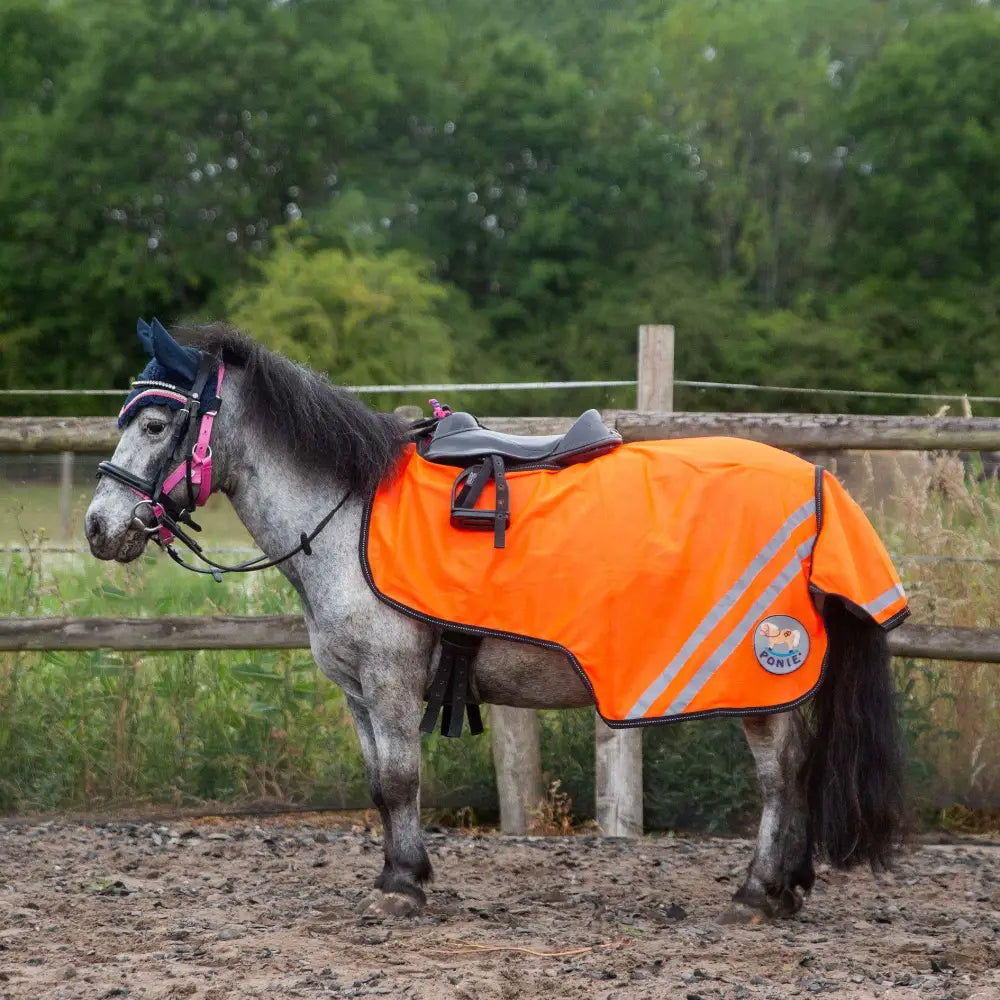 Bright orange gallop ponie retro reflective mesh exercise sheet with gray stripes and tail flap visible from the side