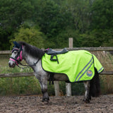 Bright neon green gallop ponie reflective exercise sheet with black trim and tail flap for equestrian use