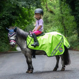 Bright neon green reflective waterproof exercise sheet with gray stripes and tail flap on small gray pony